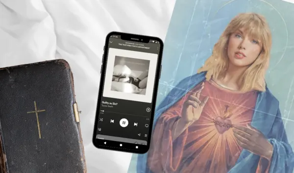 Ein Plakat von Taylor Swift als Jesus, eine Bibel und ein Smartphone auf dem der Song "Guilty as Sin" läuft, liegen auf einem ungemachten Bett.