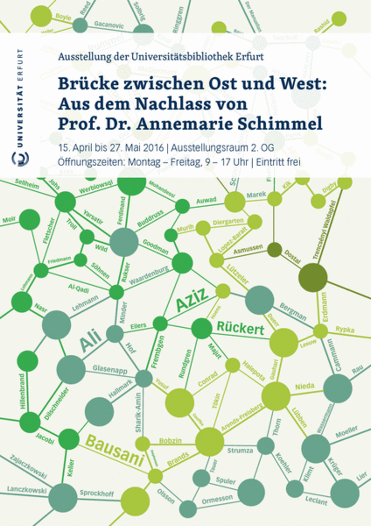 Plakat zur Ausstellung "Brücke zwischen Ost und West: aus dem Nachlass von Prof. Dr. Annemarie Schimmel"