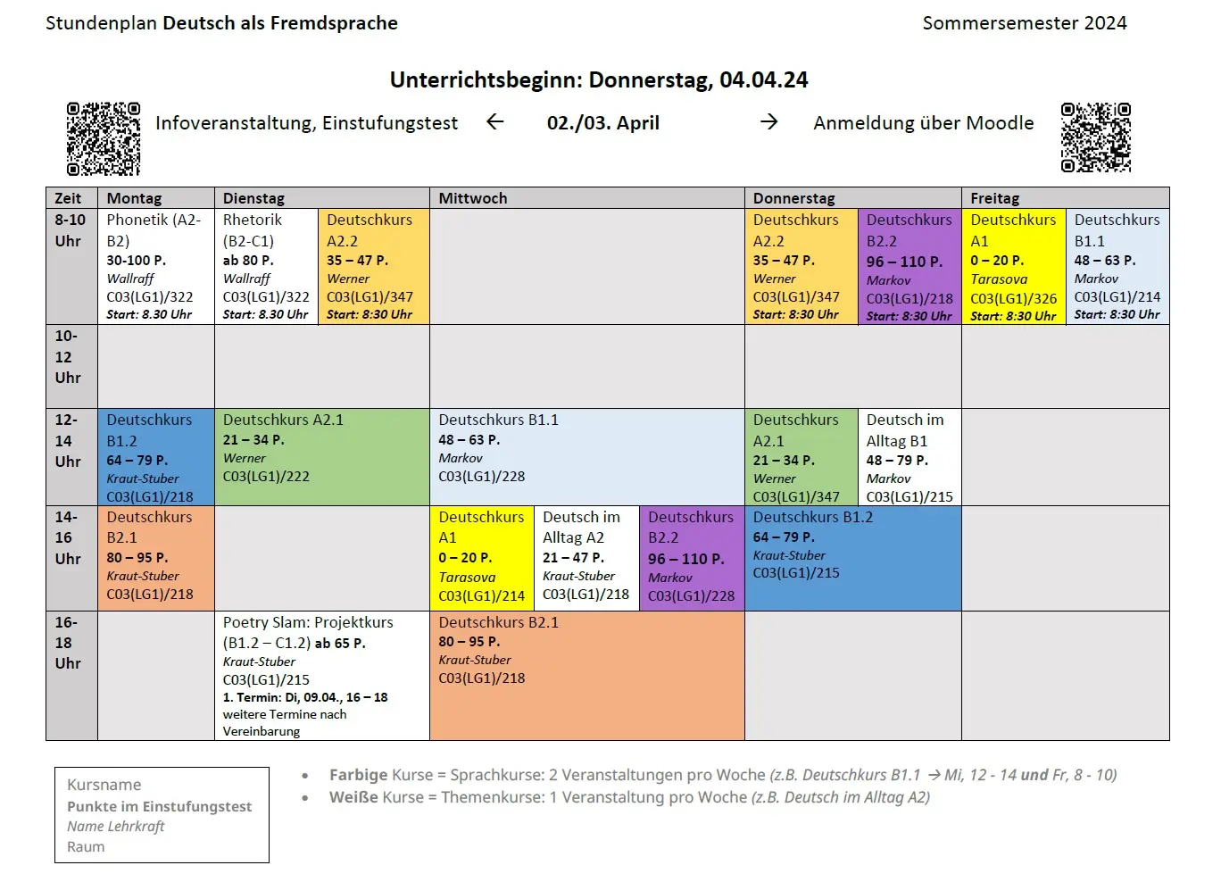 Stundenplan Deutsch als Fremdsprache