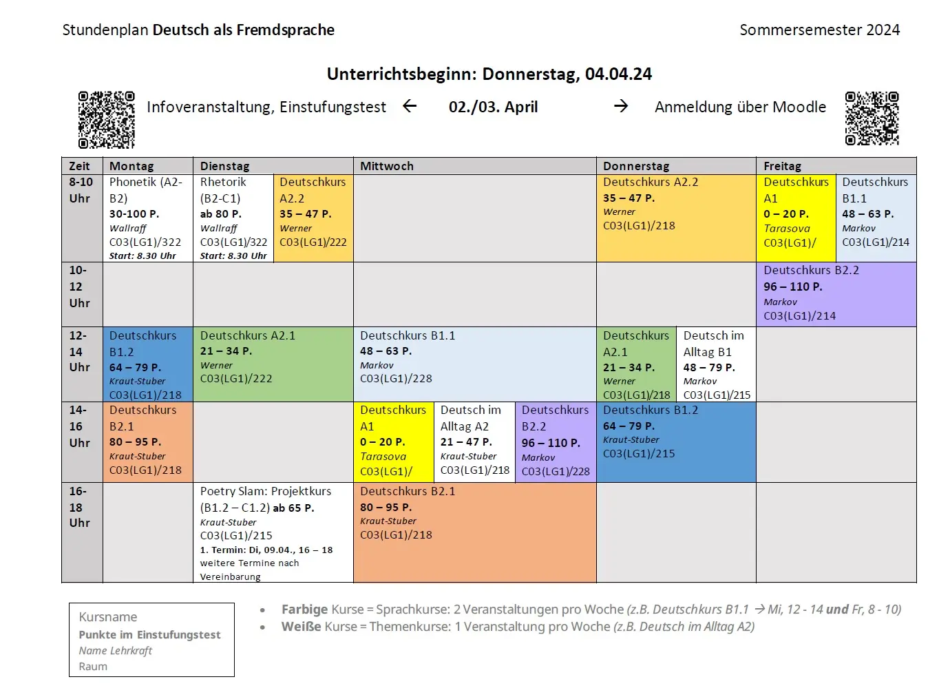 Stundenplan Deutsch als Fremdsprache Sommersemester 2024