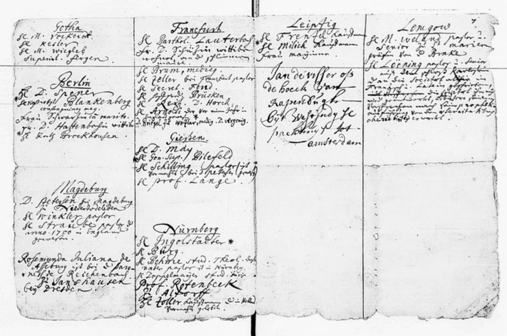 Seite aus dem "Catalogus amiconi in Germania" der Philadelphia Society, 1702, FB Gotha Chart A297, 7