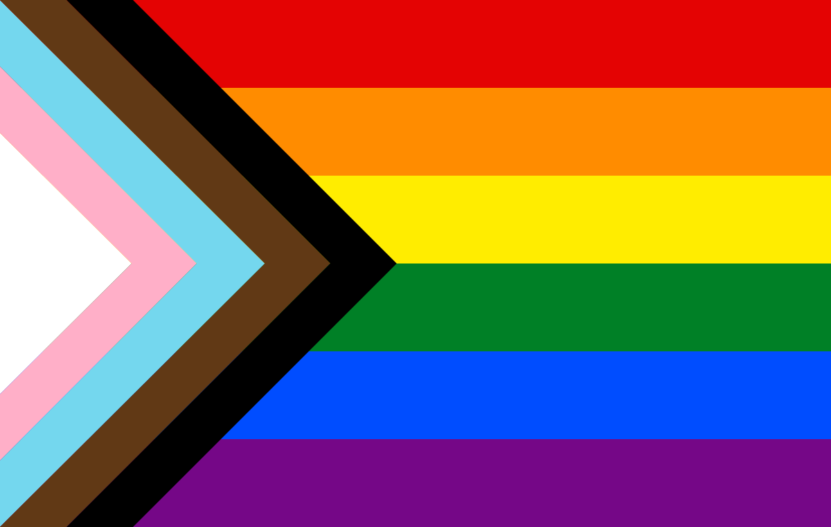 Pride flag variant based on Daniel Quasar's 2018 design combining elements of the Philadelphia flag and the trans pride flag, and brown and black