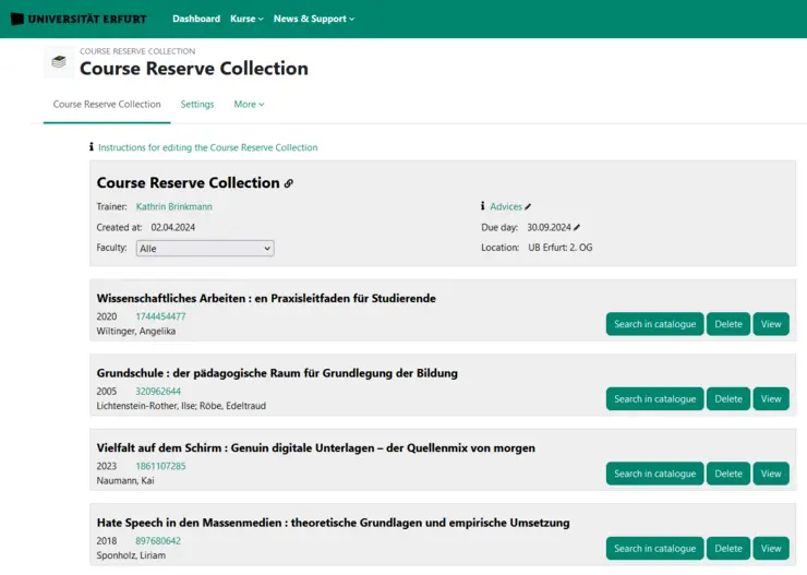 Screenshot course reserve collection in Moodle