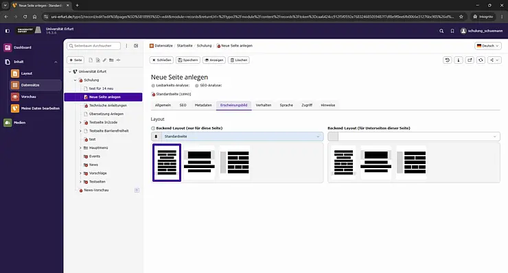 Standardseiten-Layout ausgewählt im Backend