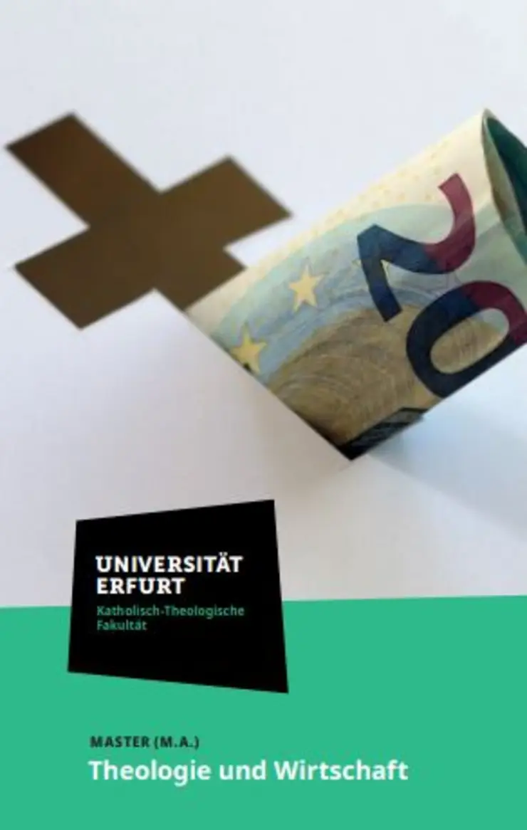 Titelbild des Info-Flyers "Master: Theologie und Wirtschaft" an der Katholisch-Theologischen Fakultät der Universität Erfurt