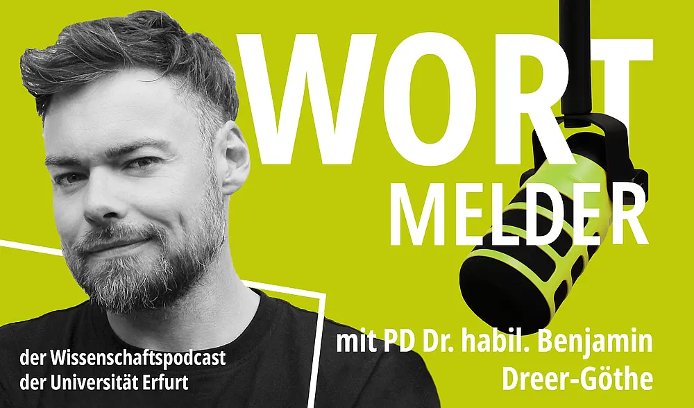 Hellgrüner Hintergrund, links Porträtbild von PD Dr. Benjamin Dreer-Göthe, großer Schriftzug rechts: WortMelder