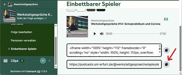 Screenshot: Castopod – URL des einbettbaren Players kopieren