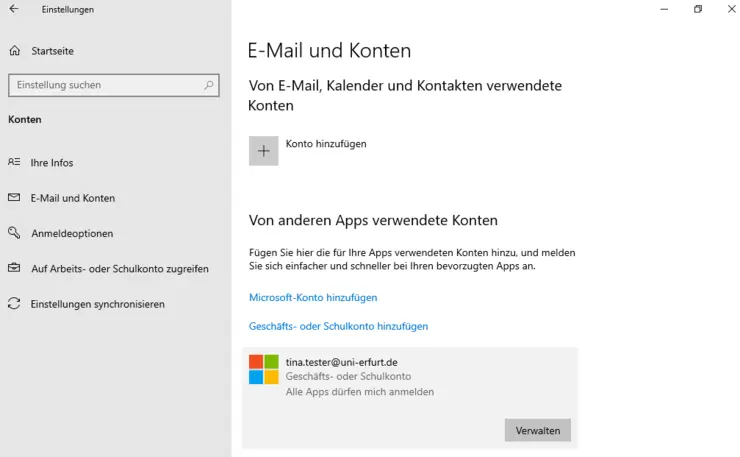 Microsoft work account in Windows settings