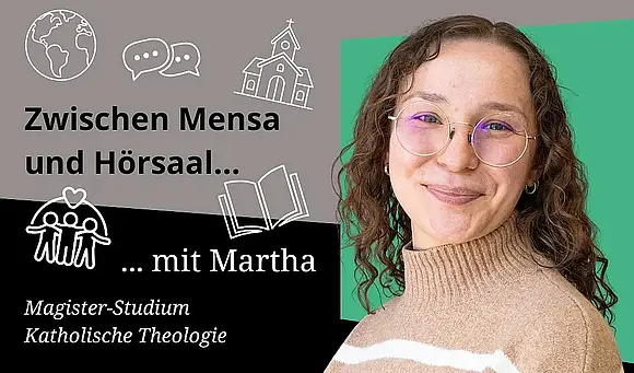 Anzeigebild des Blog-Beitrags mit einem Porträtfoto von Martha Kraft und verschiedenen Symbolen passend zu ihrem Studium