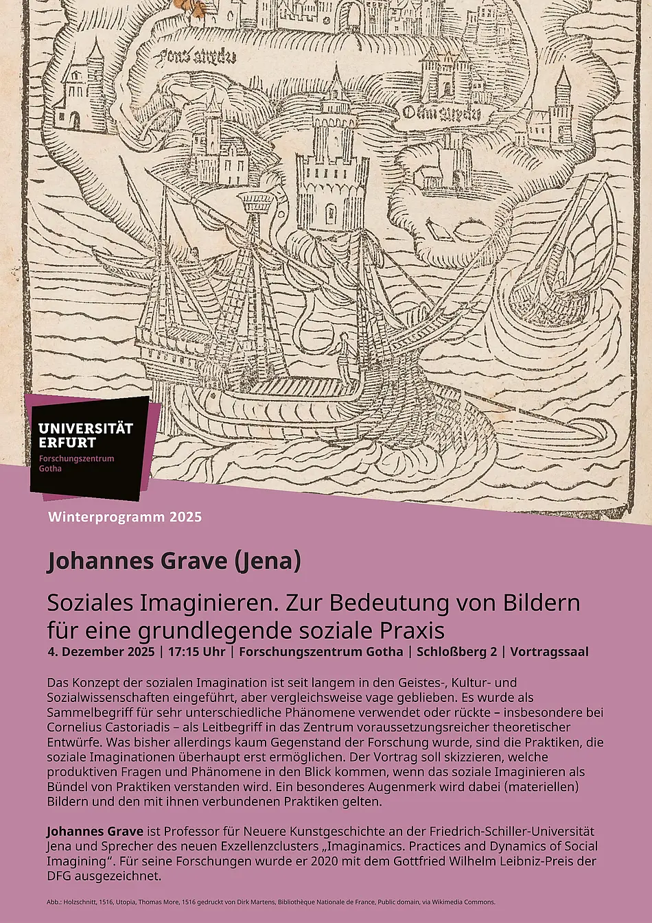 Plakat mit Abbildung eines Schiffs auf dem Meer zwischen Inseln, aus der Utopia des Thomas Mords