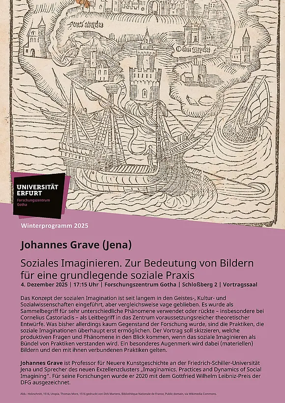 Plakat mit Abbildung eines Schiffs auf dem Meer zwischen Inseln, aus der Utopia des Thomas Mords