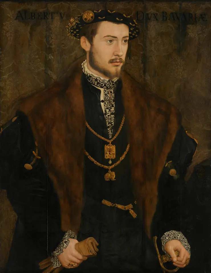Portrait of Albrecht V., Duke of Bavaria, as a young man, standing upright and looking out of the picture