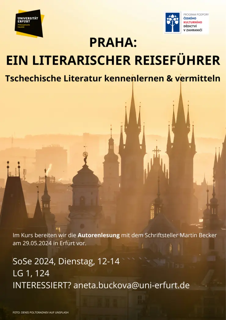 Plakat mit Kursinformationen und einem Bild der Stadtansicht von Prag 