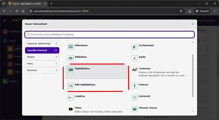 Screenshot: Highlightbox und Bild-Highlightbox auswählen