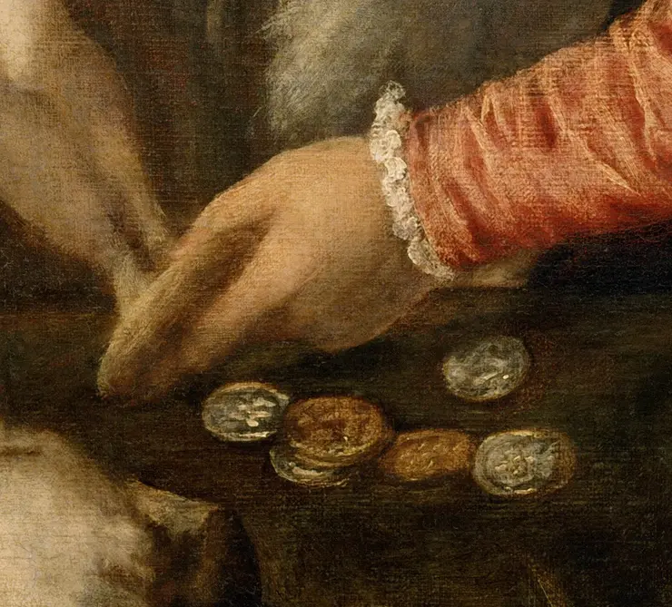 Titian portrait detail showing ancient ancient coins