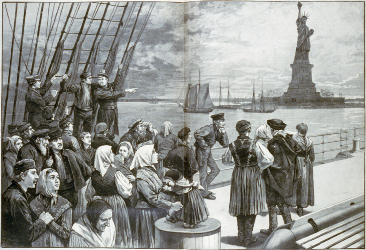 drawing of Jewish immigrants on deck of a steamer