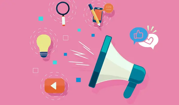 Ein Megafon mit verschiedenen Social-Media-Symbolen vor einem pinken Hintergrund