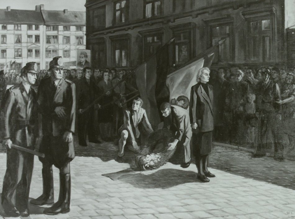 Gemälde einer Kranzniederlegung und festlichen Umzugs zu Ehren Philipp Müllers