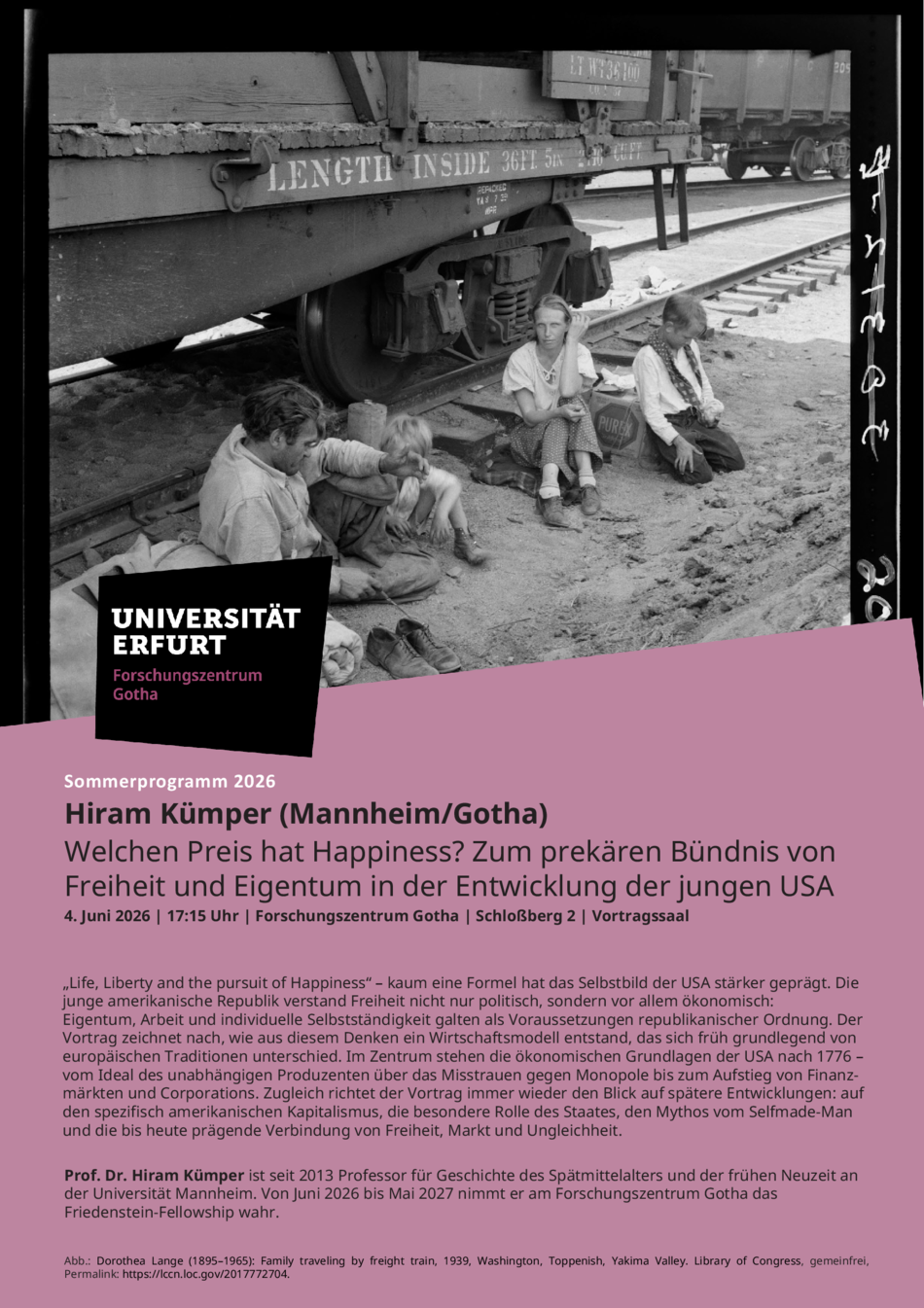 Poster mit Foto der amerikanischen Fotografin Dorothea Lange aus dem Jahr 1939, das eine Familie neben einem Güterzug zeigt, in dem sie reist 