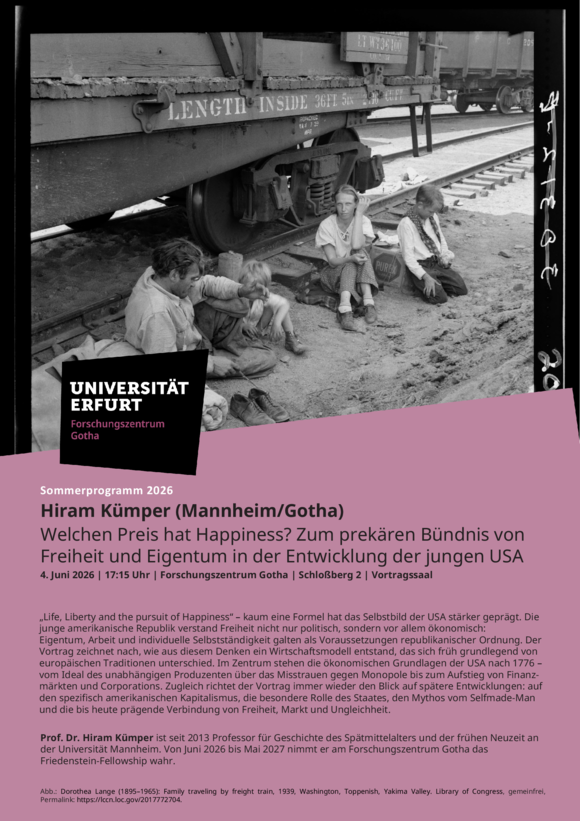 Poster mit Foto der amerikanischen Fotografin Dorothea Lange aus dem Jahr 1939, das eine Familie neben einem Güterzug zeigt, in dem sie reist 
