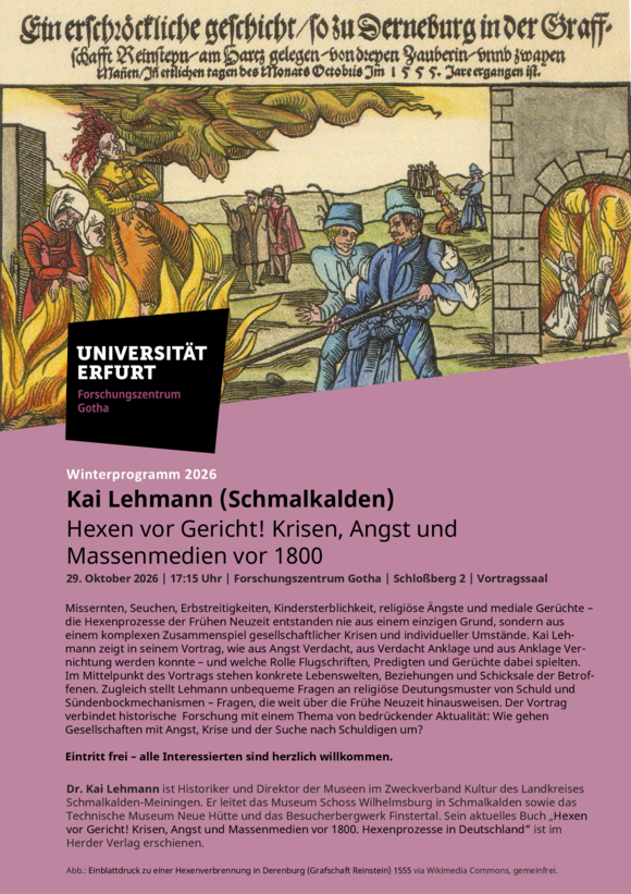 Plakat mit einer frühneuzeitlichen Abbildung einer Hexenverbrennung