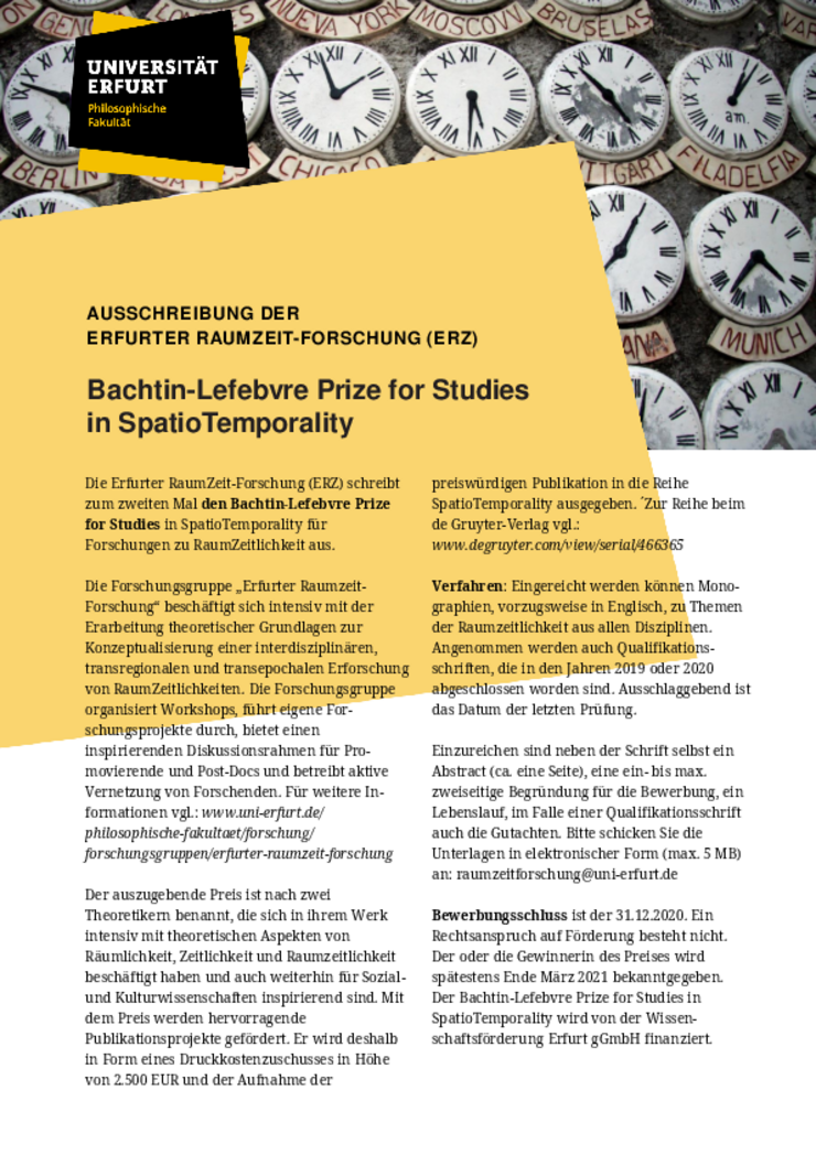 Ausschreibung: Bachtin-Lefebvre-Prize for Studies in SpatioTemporality