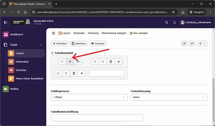 Screenshot: Anzahl der Zeilen und Spalten festlegen
