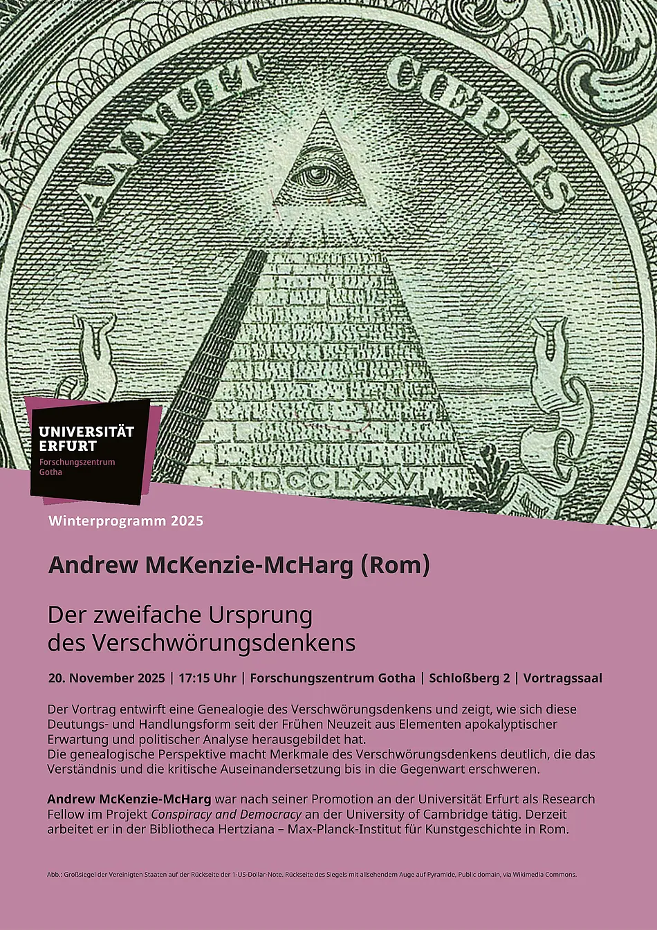 Aushang mit einer Abbildung des Auges vom amerikanischen Dollarschein