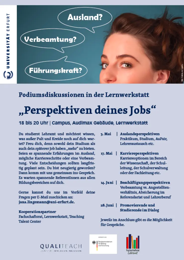 Plakat der Veranstaltungsreihe "Podiumsdiskussionen in der Lernwerkstatt - Perspektiven deines Jobs"