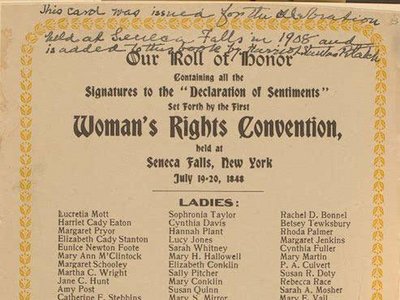 A historical document, showing the list of signatures of the "Declaration of Sentiments" of the Women's Rights Convention from 1848