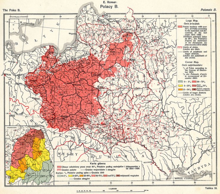 Tafel XI „Polacy B“ aus dem Atlas „Geograficzno-Statystyczny Atlas Polski“ von Dr. Eugenjusz Romer, veröffentlicht 1921 in Lwow. © Wikimedia Commons, Maproom.