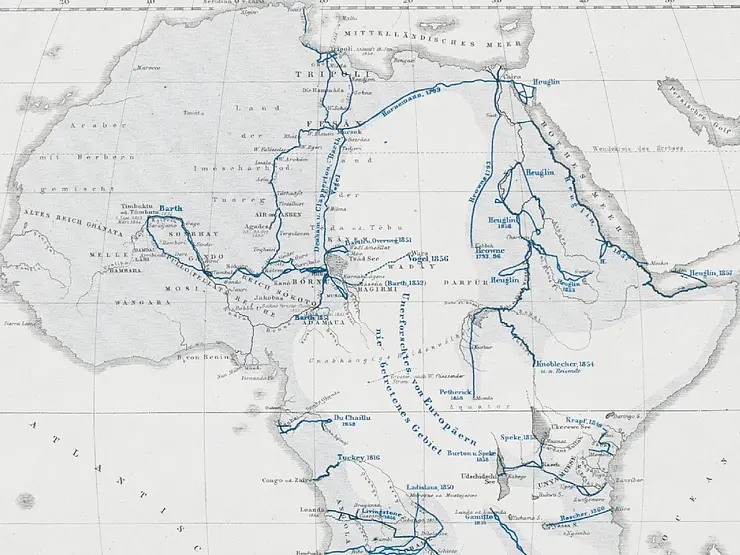 A map of African travel in the 19th century.