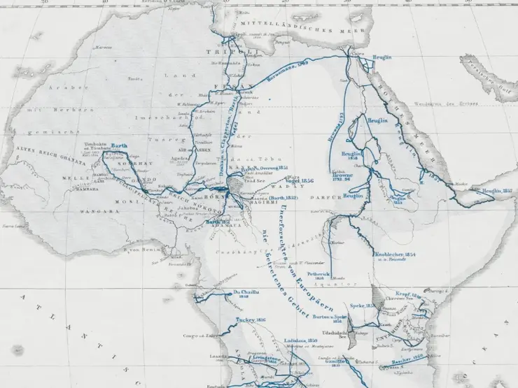 Eine Karte der Afrikareisen im 19 Jahrhundert.
