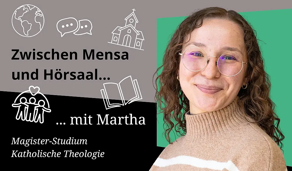 Kollage Zwischen Mensa und Hörsaal - Martha Porträtfoto gelockte braune Haare, runde goldene Brille, beige-weißer Pullover, Lächeln in Kamera, schräg zur Kamera gestellt, hellgrüner Hintergrund, Magister-Studiengang Katholische Theologie