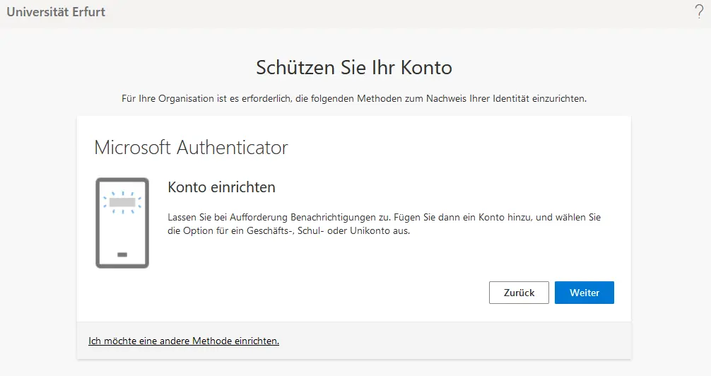 Aufforderung zur Kontoeinrichtung in der "Microsoft Authenticator" App