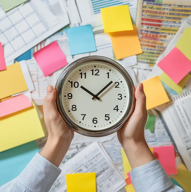 zwei Hände halten eine Wanduhr 