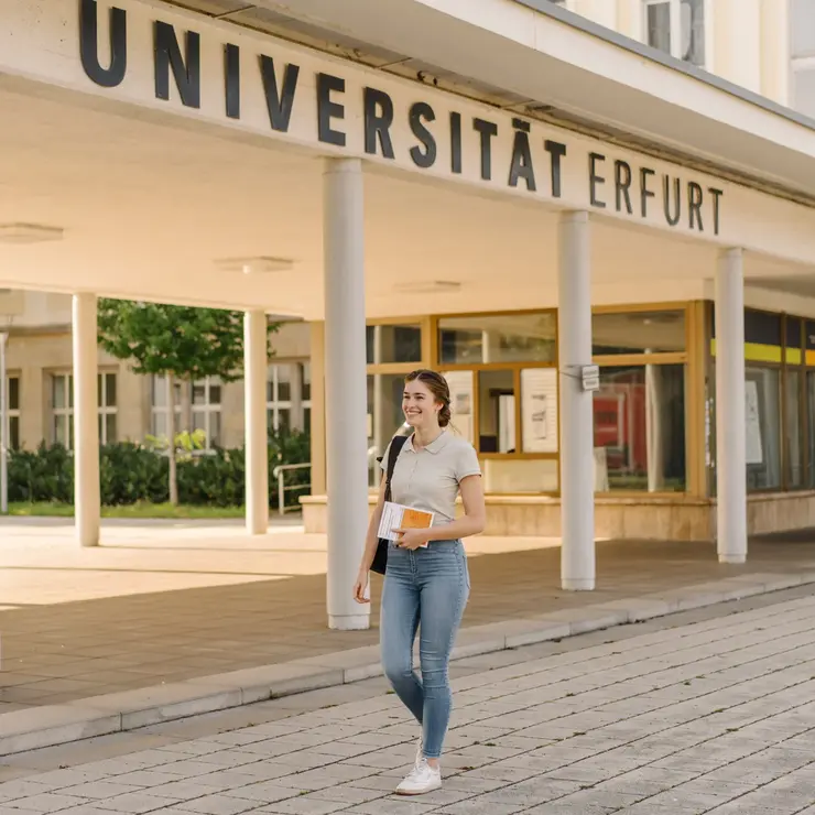Studentin vor Haupteingang Uni Erfurt