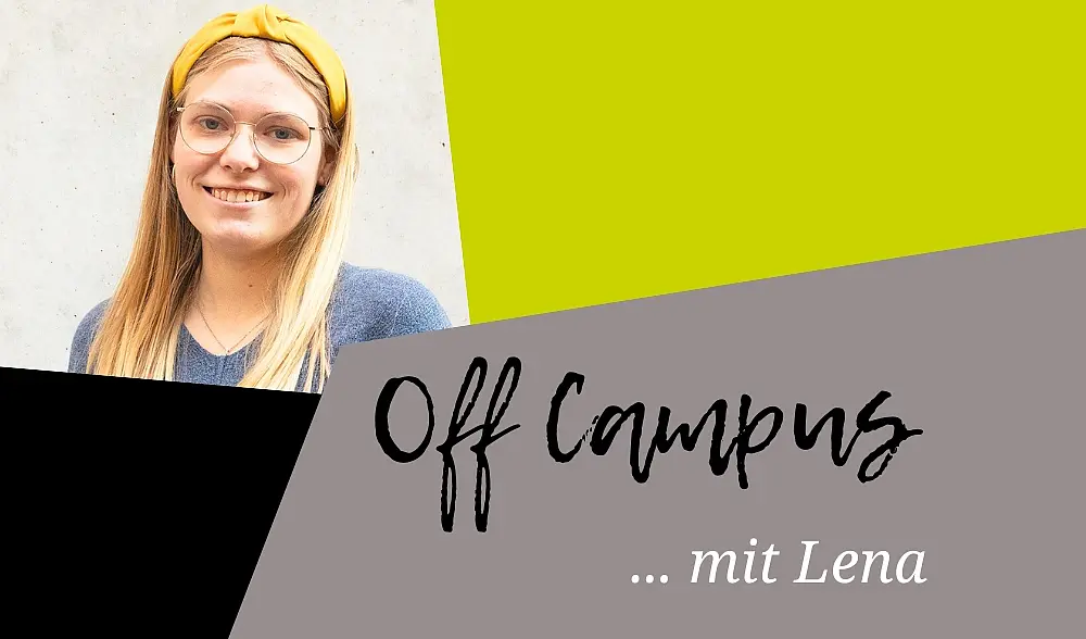 Bildkollage, Lena Schuldt Porträt, lächelnde junge Frau mit blonden langen haaren, gelbem Haarband und runder Brille, daneben 3 Bildfelder grau, hellgrün, schwarz, Schrift: Off Campus mit Lena