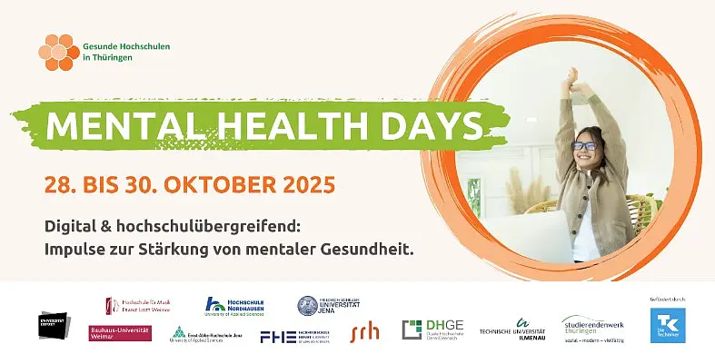 Banner zur digitalen Veranstaltungsreihe "Mental Health Days" vom 28. bis 30. Oktober 2025, Logos diverrser Thüringer Hochschulen