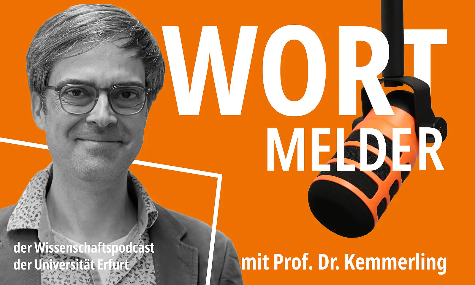 Bildkollage mit einem schwarz-weiß-Foto von Prof. Dr. Achim Kemmerling, oranger Hintergrund, Wortmelder in Kapitälchen, der Wissenschaftspodcast der Universität Erfurt