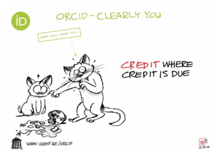 ORCID-Clearly You Zwei Katzen mit einer zerbrochenen Vase. Die stehende ist mit einem ORCID Identifier gelabelt und zeigt auf die sitzende. Text im Bild: Credit where credit is due.