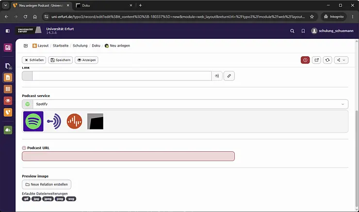 Screenshot: Podcast-Service und Podcast URL