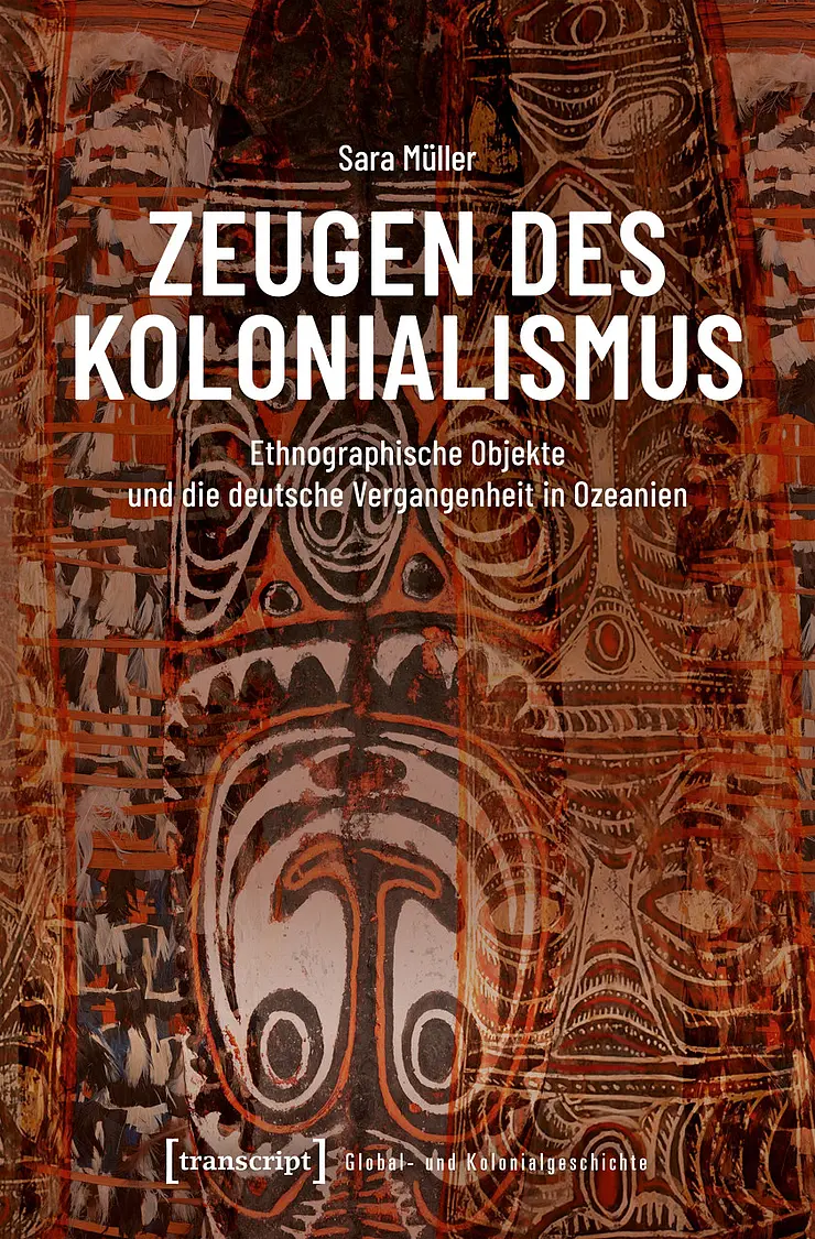 Buchcover: Zeugen des Kolonialismus von Sara Müller, maskenartige Zeichnungen auf Cover
