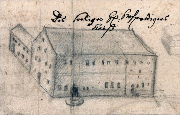 Ansicht des Gebäudes von Nordosten um 1678. Ostflügel damals noch ein Stockwerk niedriger. Lavierte Bleistiftzeichnung von Mathes und Jost Bieler.