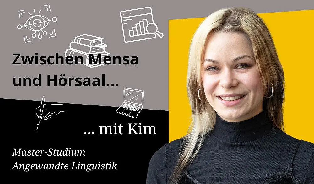 Kollage Zwischen Mensa und Hörsaal - Kim Porträtfoto lange blond-brünett gestreifte Haare, Lächeln in Kamera, gelber Hintergrund, Master-Studiengang Angewandte Linguistik