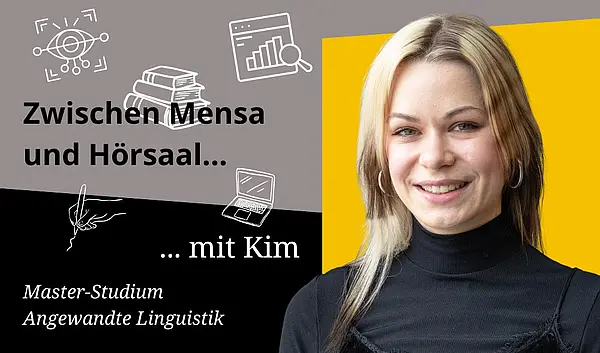 Kollage Zwischen Mensa und Hörsaal - Kim Porträtfoto lange blond-brünett gestreifte Haare, Lächeln in Kamera, gelber Hintergrund, Master-Studiengang Angewandte Linguistik
