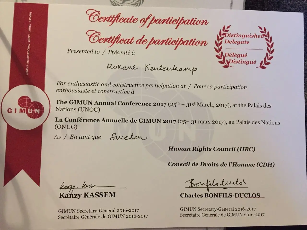 Certificate of Participation Roxane Keulenkamp