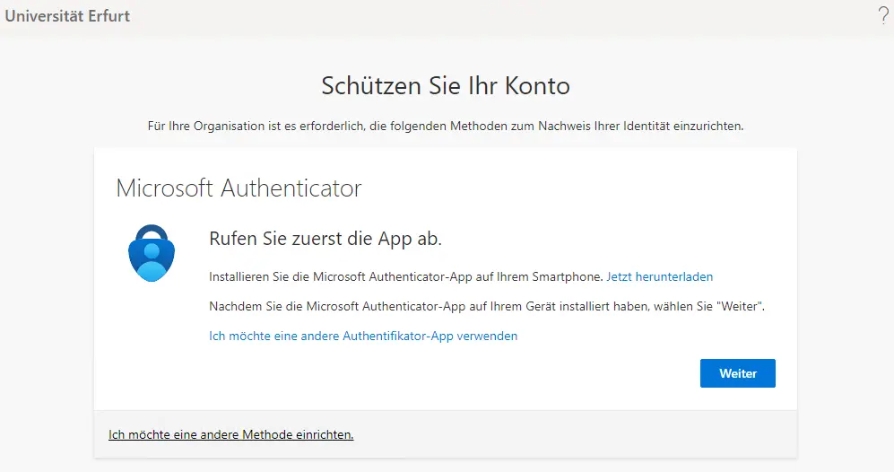Aufforderung zum Download der "Microsoft Authenticator" App