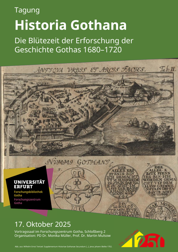 Poster with an illustration from Tentzel's town history, showing a bird's eye view of the town and some coins 