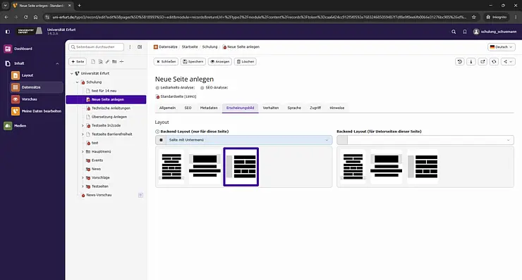 Seite mit Untermenü-Layout ausgewählt im Backend